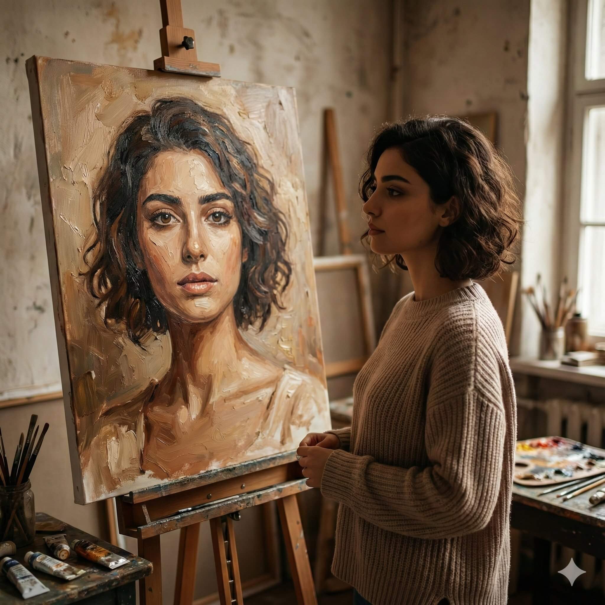A cinematic, realistic studio scene of a young woman standing beside an easel